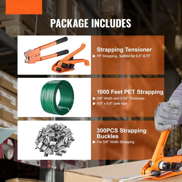 Banding Strapping Kit med strammerværktøj, forseglingsværktøj, 1000 ft PET bånd, 300 metalforsejlingsdele til pallestrapping og emballage.