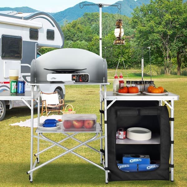 Camping Køkkenbord - Sammenfoldeligt og Bærbart med Skab og Forrude. Ideelt til udendørs madlavning!