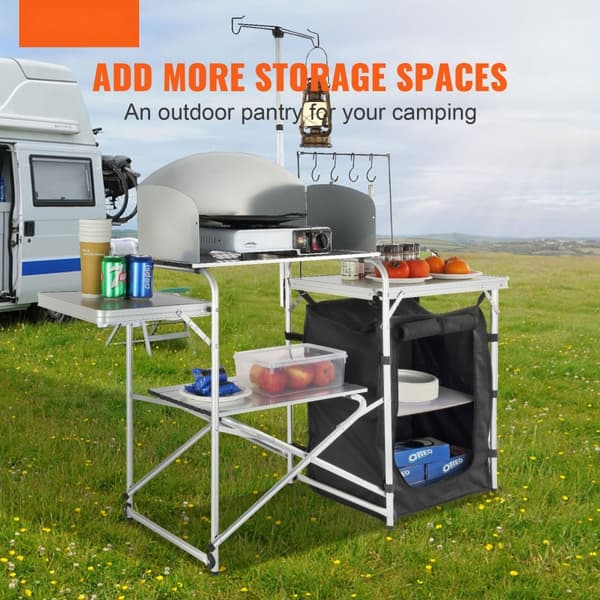 Camping Køkkenbord - Sammenfoldeligt og Bærbart med Skab og Forrude. Ideelt til udendørs madlavning!