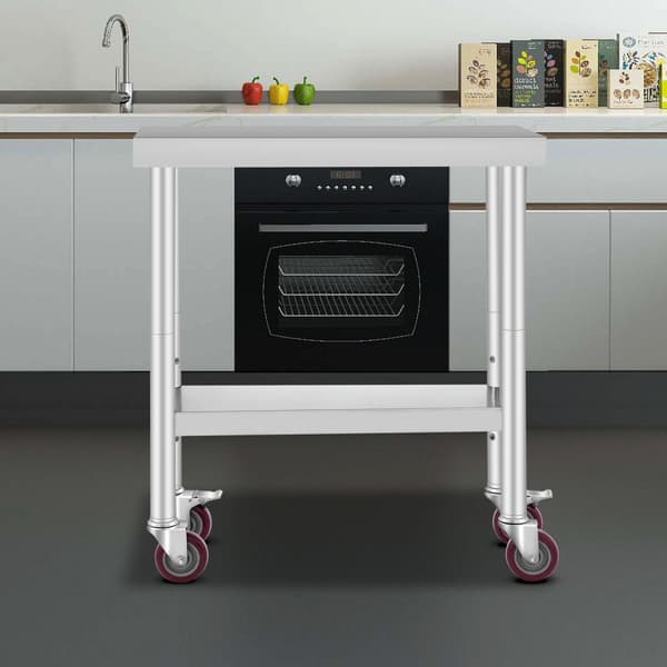 Rustfrit stål cateringbord 30x12" med 4 hjul. Justerbart kommercielt køkkenbord til madlavning og opsætning. Ideelt til professionelle køkkener.