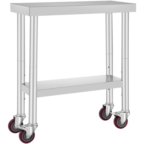 Rustfrit stål cateringbord 30x12" med 4 hjul. Justerbart kommercielt køkkenbord til madlavning og opsætning. Ideelt til professionelle køkkener.