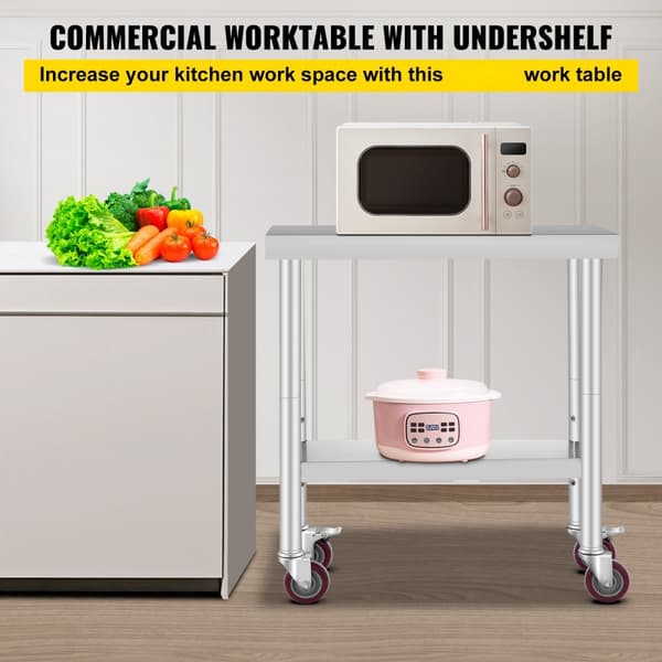 Rustfrit stål cateringbord 30x12" med 4 hjul. Justerbart kommercielt køkkenbord til madlavning og opsætning. Ideelt til professionelle køkkener.