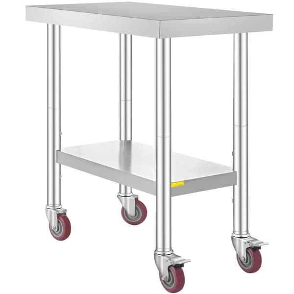 Ruostumattomasta teräksestä valmistettu 30x18" ruokapöytä, 4 pyörää ja säätöhylly keittiön käytössä.