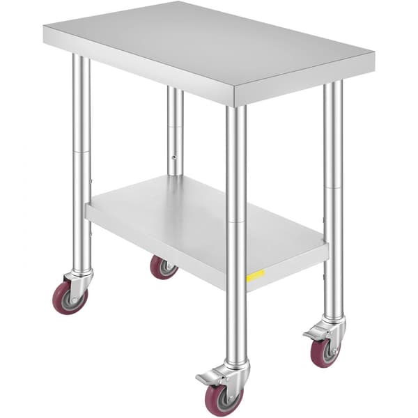 Rostfritt stål cateringarbetsbord 30x18 tum, kommersiellt köksbord med 4 hjul och justerbar hylla för matförberedning.