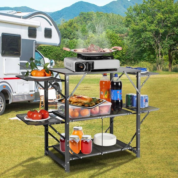 Sammenfoldeligt campingkøkkenbord med bæretaske, aluminium, 4 sideborde, 2 hylder – perfekt til camping, grill og picnics.