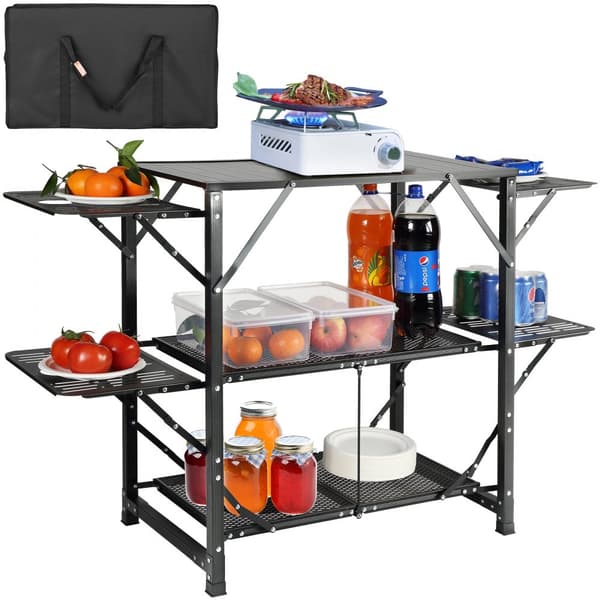 Campingköksbord, hopfällbar bärbar matlagningsstation med bärväska, aluminium, 4 sidobord, 2 hyllor, perfekt för BBQ och camping.