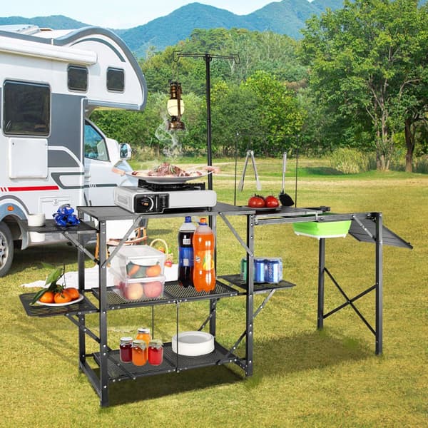 Kokoontaittuva camping-keittiöpöytä, alumiininen, 3 sivupöytää, 2 hyllyä ja pesuallas ulkoilmatapahtumiin.