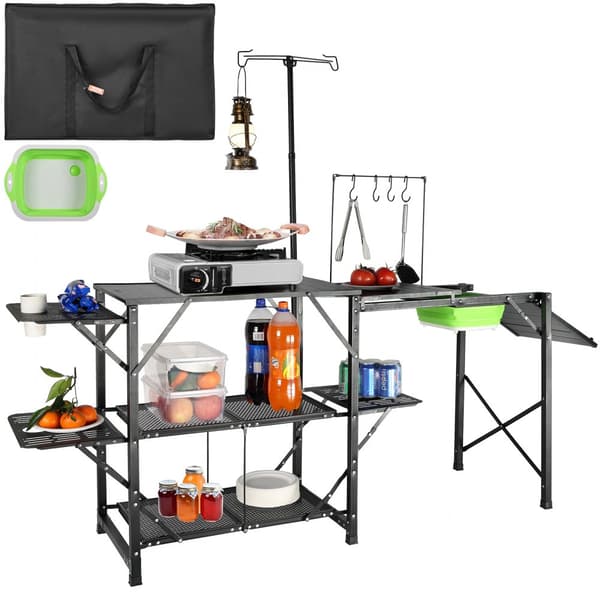 Camping køkkenbord, sammenfoldelig bærbar koge- og grillstation med bæretaske. Inkluderer 3 sideborde, 2 hylder og aftagelig vask til udendørs brug.