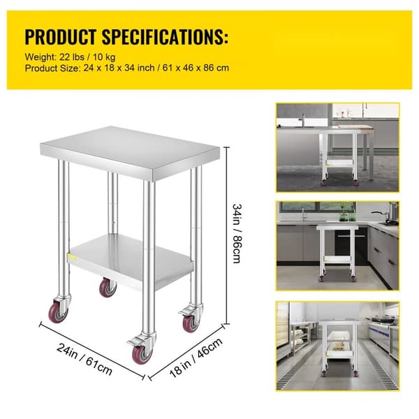 Rustfrit stål cateringbord 24x18 tommer, kommercielt med 4 hjul. Justerbar hylde til fleksibel brug i køkkenet.