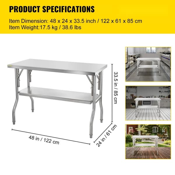 Kestävä 48"x24" taitettava kaupallinen työpöytä, ruostumattomasta teräksestä, 772 lbs, keittiön saari.