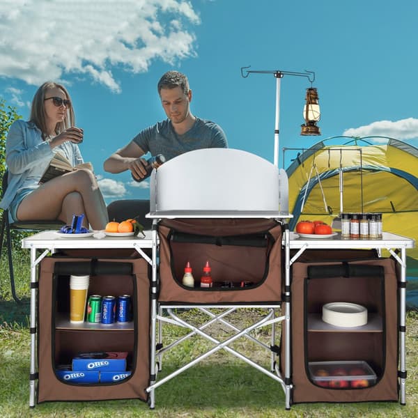 Camping köksbord, hopfällbart matlagningsbord med förvaringsväska, aluminium, 3-skåp, vindruta, snabbinställning för picknick.