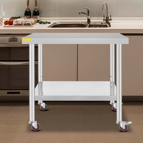 Rustfrit stål cateringbord 30x36 tommer, kommercielt køkkenbord med 4 hjul og justerbar hylde til effektiv madlavning.