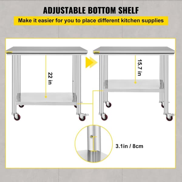 Rostfritt stål Catering Arbetsbord 36x24 tum med 4 hjul. Justerbar arbetsbänk för matförberedning och kökslager.