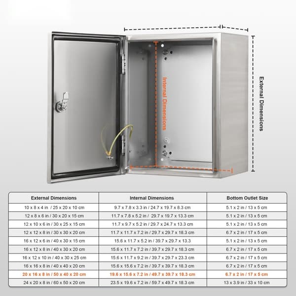 Elektrisk boks i rustfrit stål 20"x16"x8", vægmonteret, IP66 vandtæt, til udendørs elektronik med lås og monteringspladehængsler.