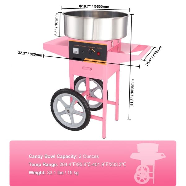 Candyflossmaskine til salg – Kommerciel sukkerspinnemaskine med vogn, 1000W, perfekt til fester!