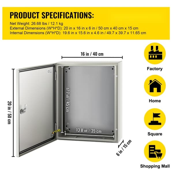 NEMA stålkapsling 20 x 16 x 6'' NEMA 4X IP66 vattentät, dammtät elektrisk kopplingsdosa för utomhus/inomhus.