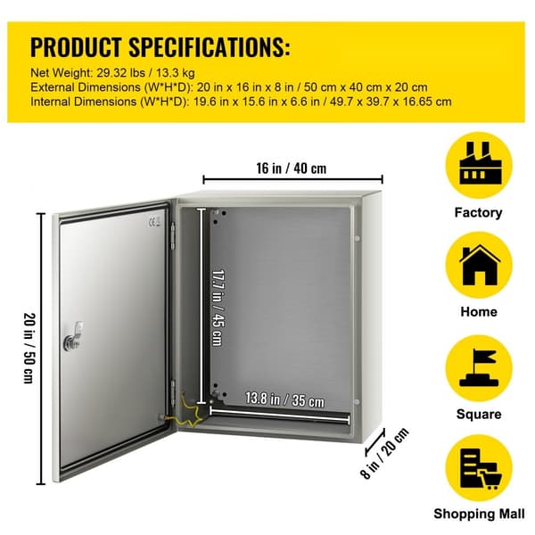 NEMA teräskotelo 20x16x8'' - IP66, vedenpitävä ja pölytiivis sähkölaatikko ulko- ja sisäkäyttöön.