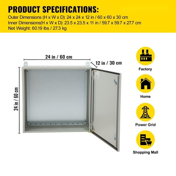 Elektrisk kapsling, 24'' x 24'' x 12'', UL-certifierad NEMA 4, IP65 vattentät och dammtät, kallvalsat kolstål.