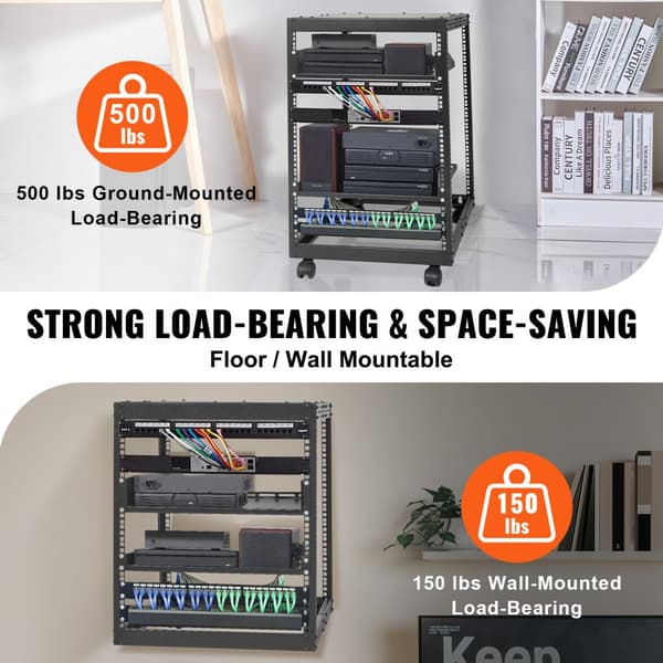 15U Open Frame serverrack med justerbar dybde (15''-40''), fritstående eller vægmonteret, plads til netværksudstyr som router og modem.