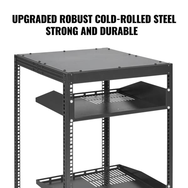 15U Open Frame serverrack med justerbar dybde (15''-40''), fritstående eller vægmonteret, plads til netværksudstyr som router og modem.