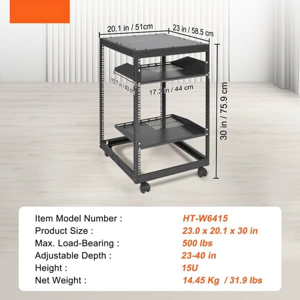 15U Open Frame serverrack med justerbar dybde (15''-40''), fritstående eller vægmonteret, plads til netværksudstyr som router og modem.