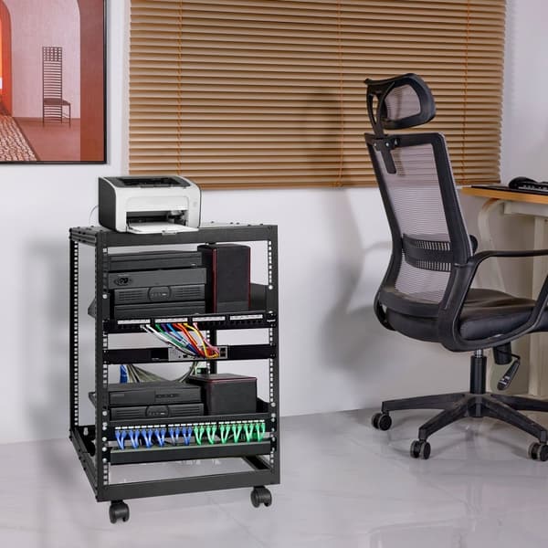 15U Open Frame serverrack med justerbar dybde (15''-40''), fritstående eller vægmonteret, plads til netværksudstyr som router og modem.