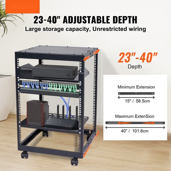 15U Open Frame serverrack med justerbar dybde (15''-40''), fritstående eller vægmonteret, plads til netværksudstyr som router og modem.