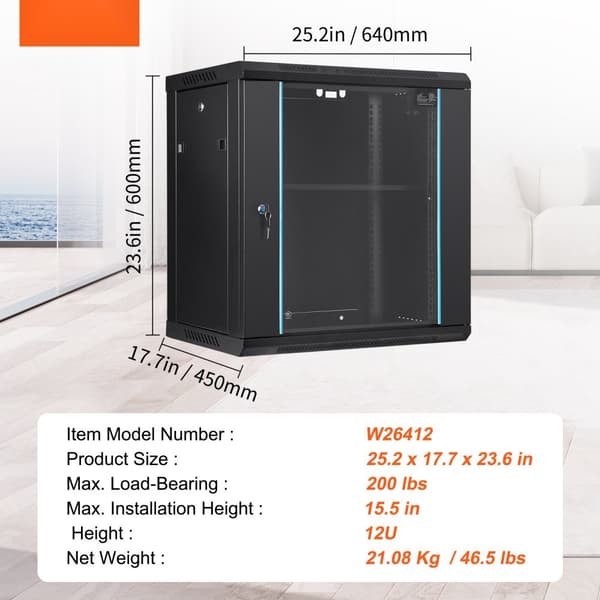 12U verkkopalvelinkaappi, 15,5 tuumaa syvä, lukittavat lasiovet, IT- ja A/V-laitteille, max 200 lbs kapasiteetti.