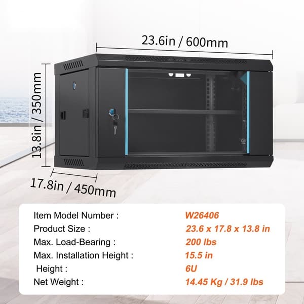 6U verkkopalvelinkaappi, 15,5" syvä, lukittavat lasiovet, maahan asennettavaksi, IT/A/V-laitteille. Max 200 lbs.