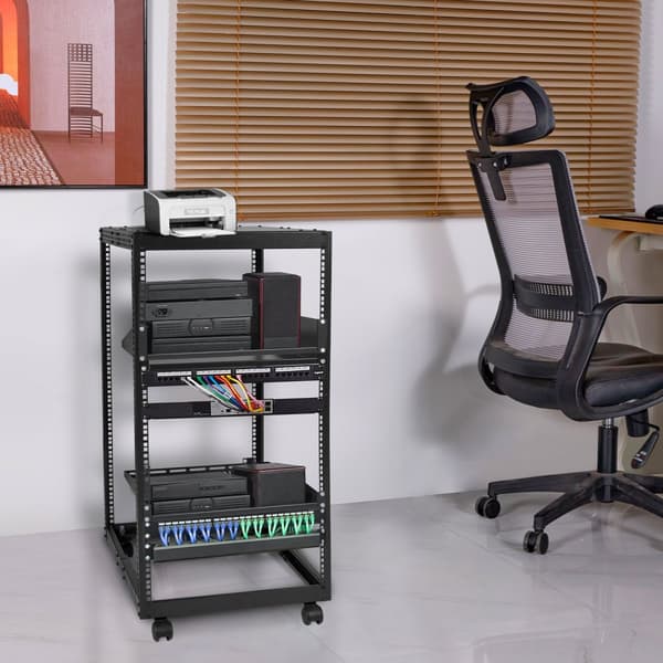 20U Öppen Server Rack, Justerbart djup 15''-40'', fristående/väggmonterad, 4 stolpar med hjul, rymmer nätverksutrustning.