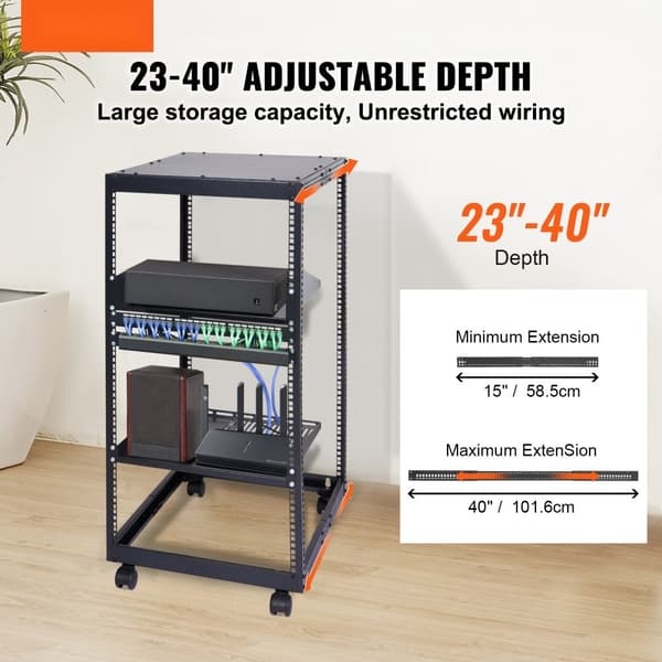 20U Öppen Server Rack, Justerbart djup 15''-40'', fristående/väggmonterad, 4 stolpar med hjul, rymmer nätverksutrustning.
