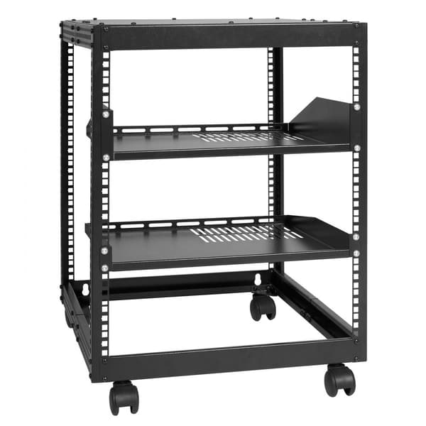 12U åbent serverrack, justerbar dybde 15''-40'', fritstående/wægmonteret, 4-post AV-rack med hjul. Plads til netværksudstyr & routere.