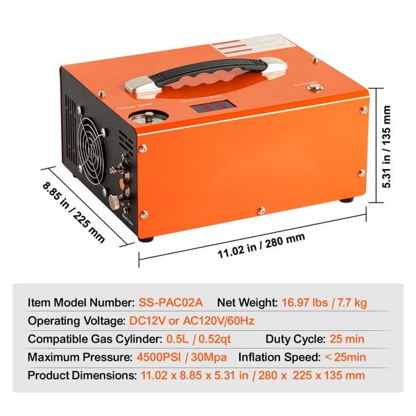 PCP luftkompressor 4500PSI/30Mpa, inbyggd omvandlare DC12V/AC230V, automatisk stopp.