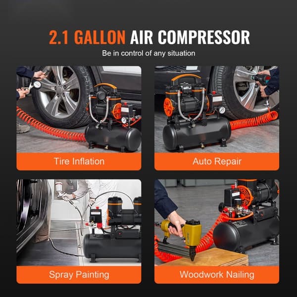 Luftkompressor 2,1 gallon 900W 2,2 CFM@90PSI 70 dB Ultra tyst och oljefri.