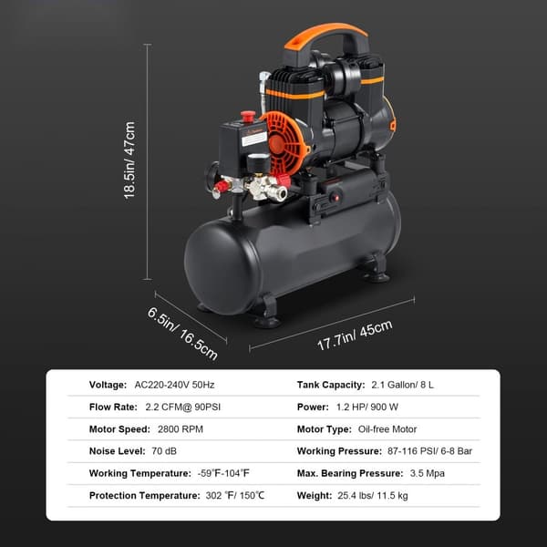 Luftkompressor 2,1 gallon 900W 2,2 CFM@90PSI 70 dB Ultra tyst och oljefri.