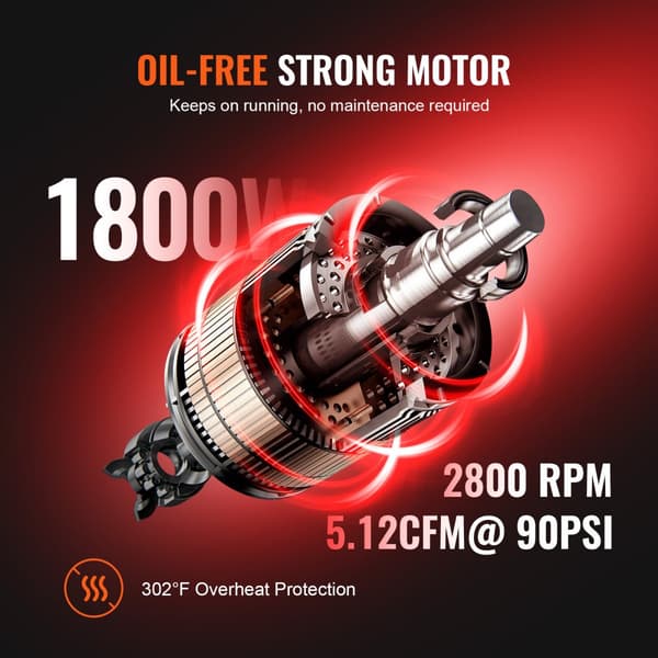Luftkompressor 9,3 gallon 1800W 5,12 CFM@90PSI 70 dB Ultra tyst oljefri, effektiv och kraftfull.