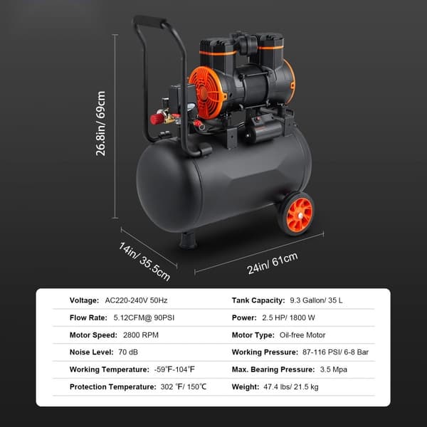 Luftkompressor 9,3 gallon 1800W 5,12 CFM@90PSI 70 dB Ultra tyst oljefri, effektiv och kraftfull.