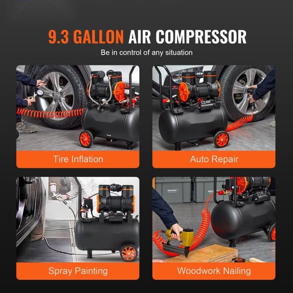 Luftkompressor 9,3 gallon 1800W 5,12 CFM@90PSI 70 dB Ultra tyst oljefri, effektiv och kraftfull.