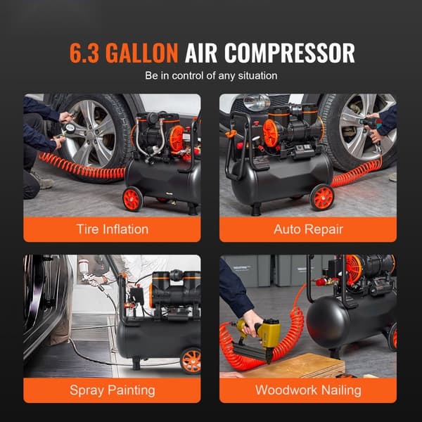 Ilmakompressori 6,3 Gallonaa, 1450 W, 3,35 Cfm@90Psi, 70 Db - Erittäin hiljainen ja öljytön!