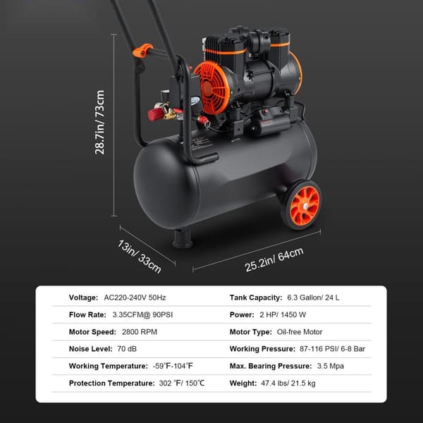 Ilmakompressori 6,3 Gallonaa, 1450 W, 3,35 Cfm@90Psi, 70 Db - Erittäin hiljainen ja öljytön!