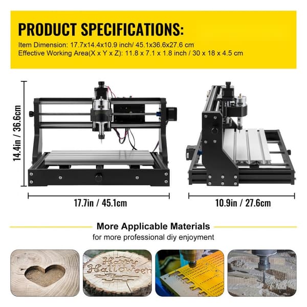 CNC 3018 Pro 300 × 180 × 45 mm GRBL-ohjattu mini kaiverruskone, 3-akselinen, muovi, akryyli, PVC ja puu.