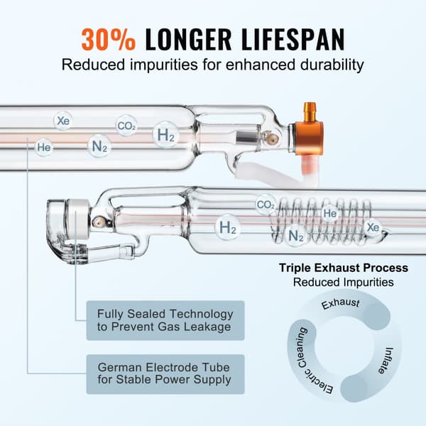 Laserrør 50W CO2, 850 mm langt, 50 mm i diameter til lasermaskine. Effektiv og præcis skæring!