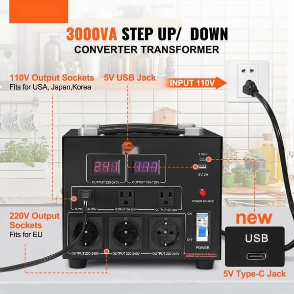 3000W Spänningsomvandlare Transformator Steg Upp/Ned 220V-110V / 110V-220V CE Godkänd