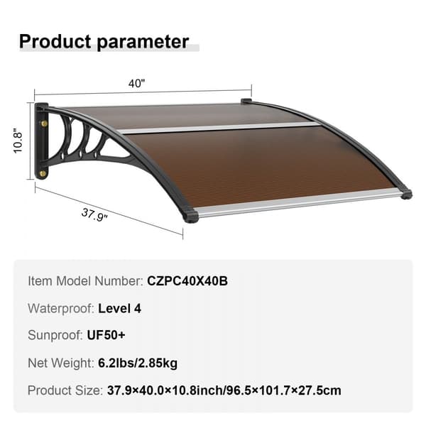 Vinduesdør Markise 40" x 40", UPF 50+ polycarbonat, udendørs beskyttelse mod UV, regn og sne. Perfekt til fortrappen!