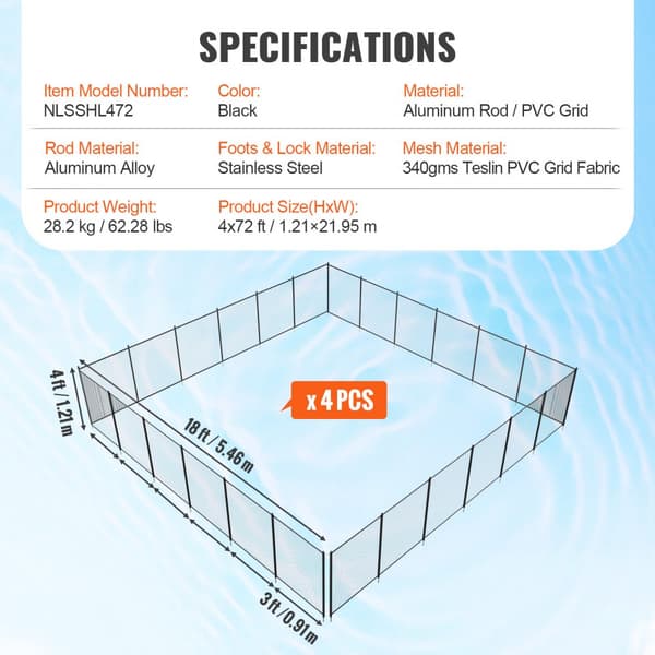 Allasaidat 4 x 72 FT maanalaisille uima-altaisiin, irrotettava turva-aita lapsille, helppo asennus, 340 g PVC-verkko.