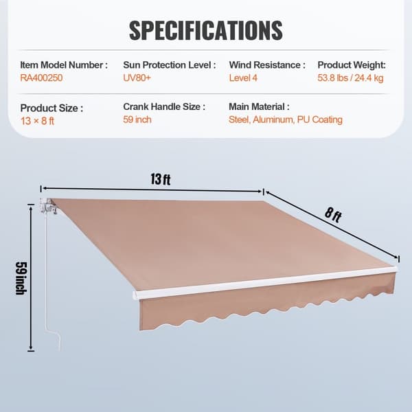 Manuellt infällbart förtält, 13 x 8 ft markis, vattentät polyester solskydd, dörrfönster med vev för balkong och bakgård.