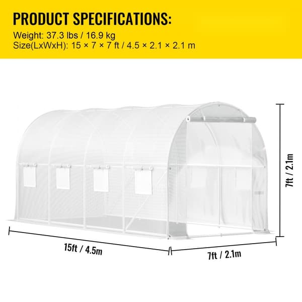 Gångtunnel Växthus 15 x 7 x 7 fot, bärbar växthus med galvaniserade stålbågar, dörrar och rullfönster, vit.
