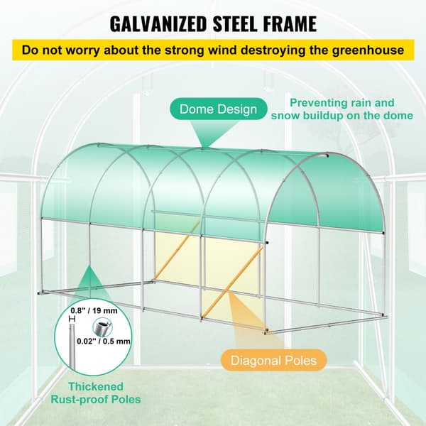 Gå-igennem tunnel drivhus, 15 x 7 x 7 ft. Bærbar med galvaniserede stålrammer, lynlåse og vinduer – perfekt til dine planter!