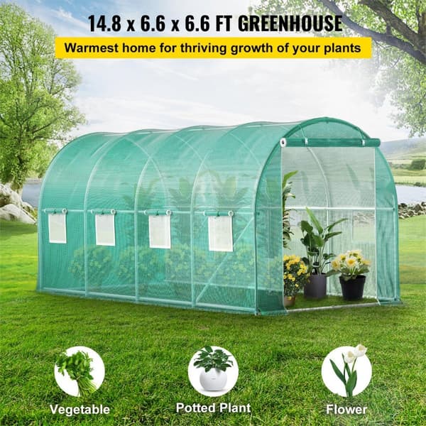 Gå-igennem tunnel drivhus, 15 x 7 x 7 ft. Bærbar med galvaniserede stålrammer, lynlåse og vinduer – perfekt til dine planter!