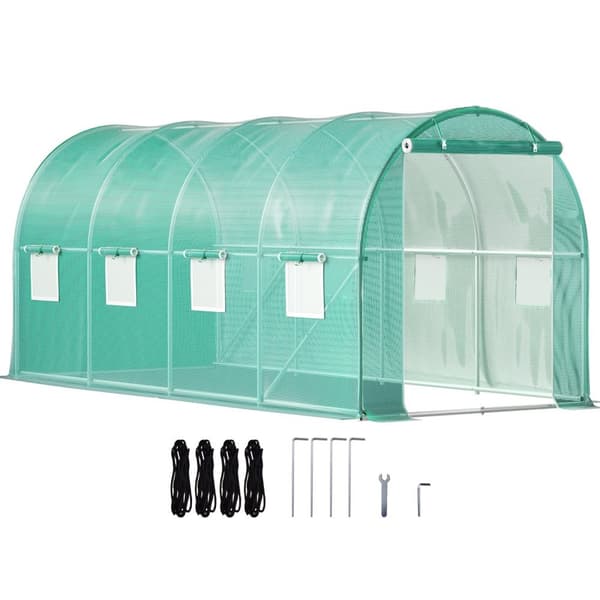 Gå-igennem tunnel drivhus, 15 x 7 x 7 ft. Bærbar med galvaniserede stålrammer, lynlåse og vinduer – perfekt til dine planter!